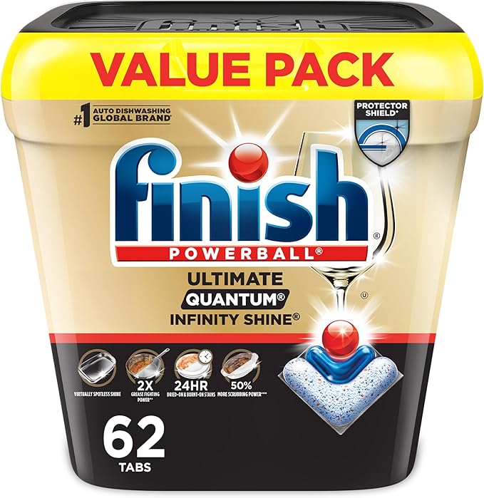 Finish Ultimate Infinity Shine Dishwasher Pods, No Pre-Rinse Dishwasher Detergent Soap Removes Burnt-On Stain, with Protector Shield & CycleSync Technology, Degreasing & Scrubbing Power, 62 Count