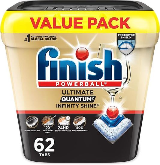 Finish Ultimate Infinity Shine Dishwasher Pods, No Pre-Rinse Dishwasher Detergent Soap Removes Burnt-On Stain, with Protector Shield & CycleSync Technology, Degreasing & Scrubbing Power, 62 Count