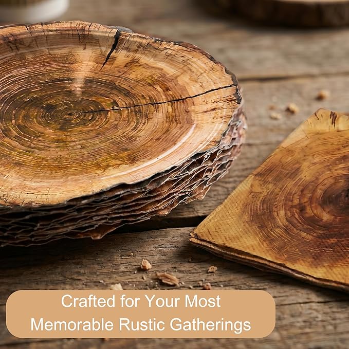 100 Pcs Rustic Wood Grain Slice Party Supplies for 25 Guests, Heavy-Duty 7" & 9" Paper Plates, 2-Ply 13" Napkins & Plastic Forks, Disposable Tableware Set for Camping Forest Woodland Party