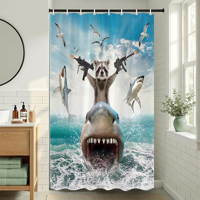 TOMOZ Funny Animal Shower Curtain, Cool Raccoon Riding Shark Theme Ocean Shower Curtain for Bathroom, Fun Nautical Kids Children Fabric Bath Curtain with 12 Hooks 48 x 70Inch