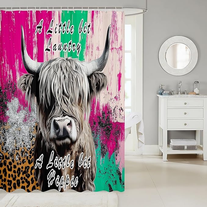 Highland Cow Shower Curtain Cheetah Print Bath Curtain for Boys Teens,Hippie Bull Cattle Waterproof Shower Curtain Wildlife Farmhouse Cow Curtains,Western Funny Animal Toilet Decor 72"Wx84"L
