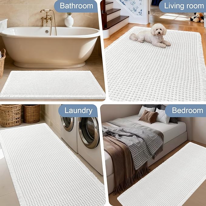 Accumtek Extra Large Waffle Bath Mat, 5'x2' White, Super Absorbent Non-Slip Quick Dry Bathroom Rugs with Tassels, Machine Washable Ultra Soft Boho Bath Rugs for Floor, Toilet Mats Boho Farmhouse Decor
