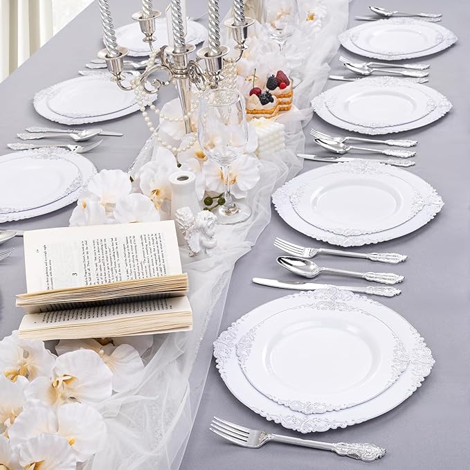 Liacere 150PCS Silver Plastic Plates with Silver Cutlery - Disposable Plastic Plates Include 30Dinner Plate, 30Dessert Plate, 30Knives, 30Spoons, 30Forks - Ideal for Wedding & Party
