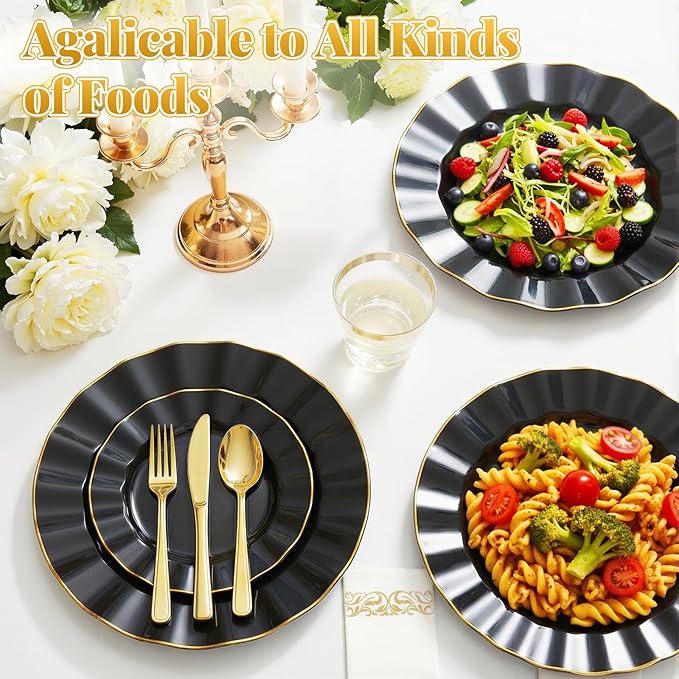 175 Plastic Dinnerware Set Party Supplies Disposable Dinnerware for 25 Guests Include 50 Plastic Plates,25 Silverware Set 25 Cups 25 Napkins Plastic Plates for Graduation Party Wedding（Black and Gold）