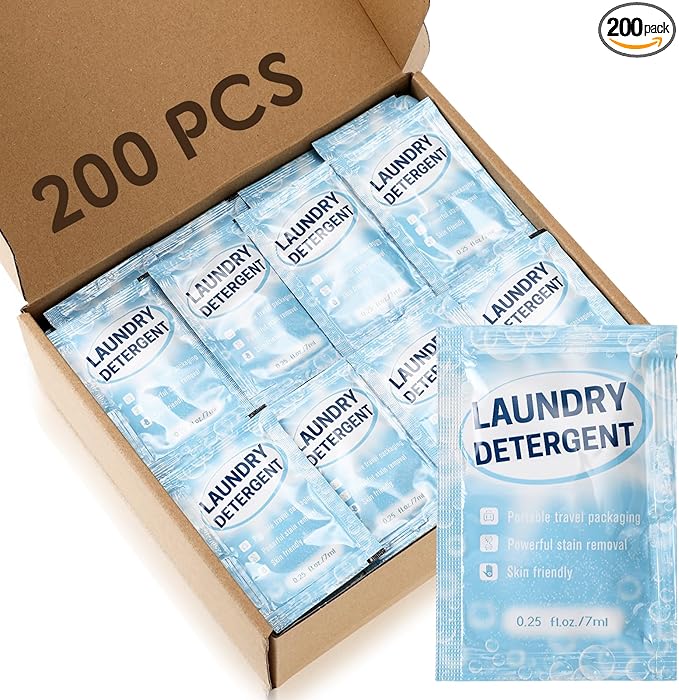 Leelosp 200 Pcs Individual Travel Laundry Detergent Bulk Travel Size Laundry Detergent Packets Portable Single Use Liquid Soap for Traveler Hostel Essentials Cleaning