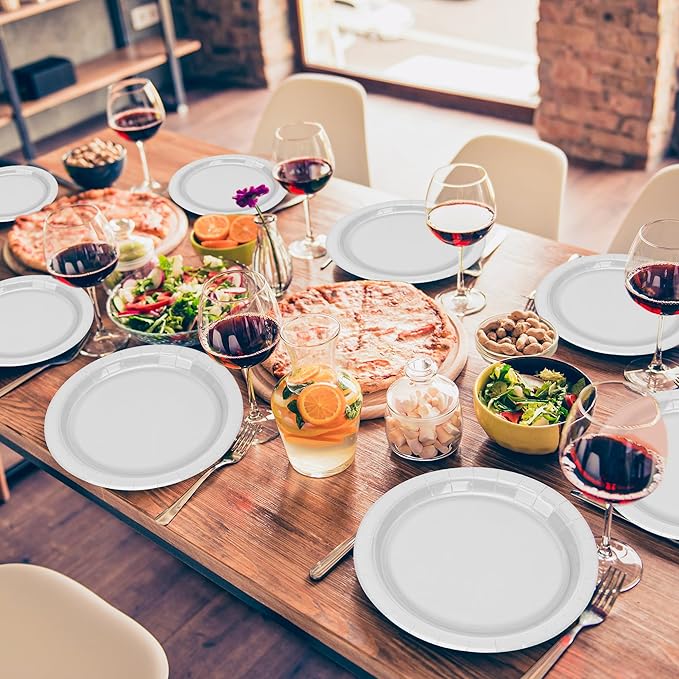 QZYL 50 PCS Paper Plates Set, Silver 9 Inches Disposable Dinner Plates, Heavy Duty Party Plates Bulk, Round Paper Dinner Plates for Daily Meals Party Picnic Wedding Birthday Anniversary Christmas
