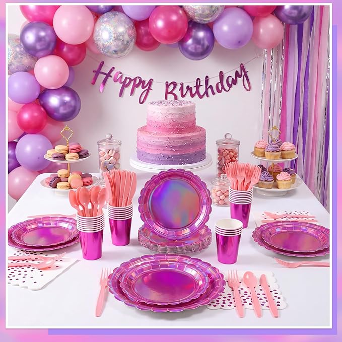175 Pcs Iridescent Pink Party Supplies Include 25 guest Scalloped Holographic Pink Paper Plates and Napkins Set for Mermaid, Disco and Birthday Party Decor