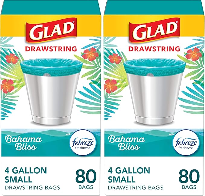 Glad Small Trash Bags 4 Gallon, Febreze Bahama Bliss Garbage Bags, Odor Resistant with Drawstring, 80 Count (Pack of 2)