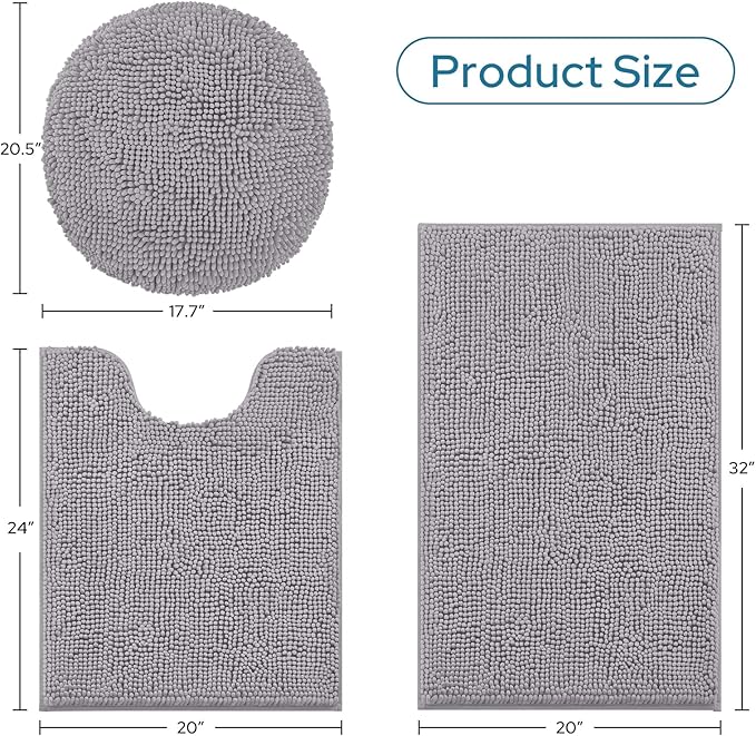 BYSURE Grey Bathroom Rugs Sets 3 Piece with Toilet Lid Cover Non Slip Extra Absorbent Plush Chenille Soft Washable Bath Mats