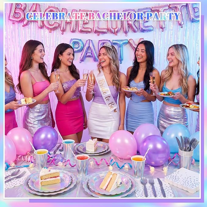 175 Pcs Iridescent Party Decorations Include 25 guest Scalloped Holographic Sliver Paper Plates and Napkins Set for Birthday, Bachelorette, Mermaid, Disco, Frozen