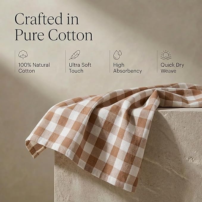 Urban Villa Kitchen Towels Set of 6 Buffalo Checks Taupe/Chocolate/Ivory 20X30 Inches Kitchen Towels 100% Cotton Highly Absorbent Premium Quality Ultra Soft Bar Tea Towels with Mitered Corners