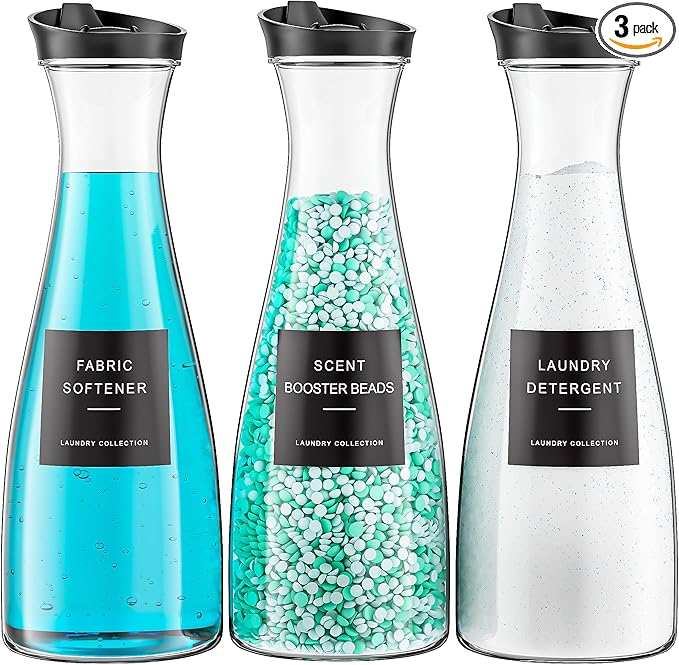 Galasily 3 Pack Laundry Detergent Dispenser Container, 54OZ Liquid Laundry Soap Dispenser with 12 Labels, Black Laundry Room Organization for Powder, and Fabric Softener