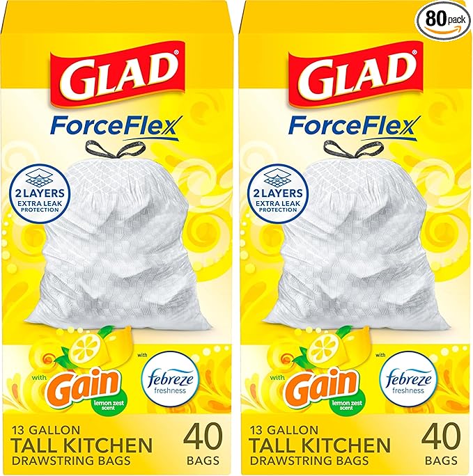 Glad Trash Bags, 13 Gallon, 40 Ct, Pack of 2 | ForceFlex | Tall Kitchen | Drawstring | Gain Lemon Zest
