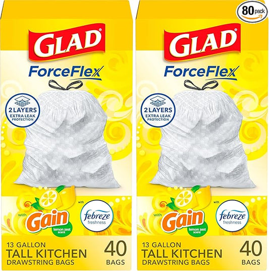 Glad Trash Bags, 13 Gallon, 40 Ct, Pack of 2 | ForceFlex | Tall Kitchen | Drawstring | Gain Lemon Zest