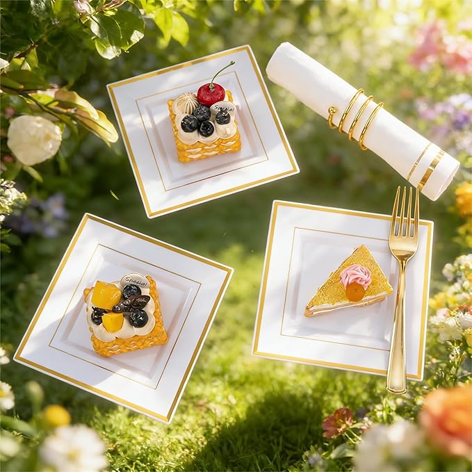 Festiva 350Pcs Gold Plastic Plates - Disposable Square Gold Plates Dinnerware set include 9.5"/6" Plates,Cups,Plastic Cutlery,Hand Napkins Perfect for 50 guests Party&Birthday&Wedding
