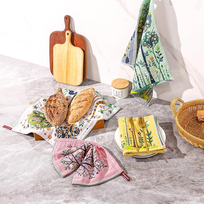 Cotton Kitchen Towels Set of 4, 4-Layer Gauze Quick Dry Decorative Dish Towels for Kitchen Drying, Absorbent Weave Cleaning Tea Towels with Hanging Loop, Exquisite Design for Gift,16" x 15"