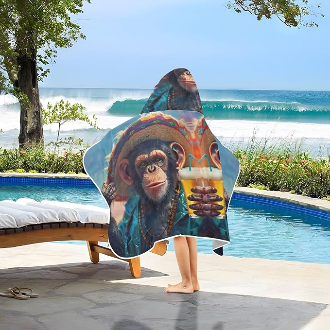 Hooded Towel for Kids Happy Monkey Drinks Beach Wrap Bath Towels 50x23.5in