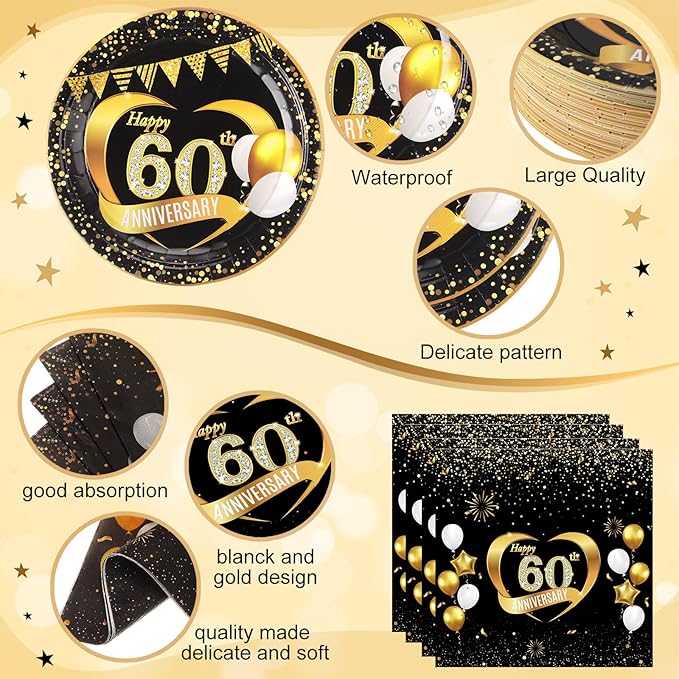 Pickmesh 400 Pcs 60th Wedding Anniversary Decorations Set, Includes 60th Anniversary Paper Plates and Napkins, Cups and Cutlery for Wedding Party Supplies, Serves 50 Guests