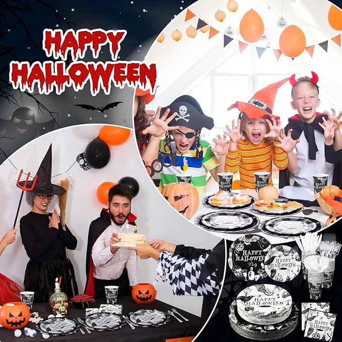 FillTouch 350 Pcs Happy Halloween Party Favor Vintage Halloween Decoration Disposable Tableware for 50 Guests 100 Pumpkin Skull Plates 50 Crows Bats Napkins 50 Cups 50 Sets Knives Fork Spoon