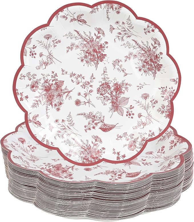 48Pcs Red Floral Party Plates Vintage Floral Leaf Disposable Paper Plate Wildflower Red Toile 7" Scalloped Rim Dessert Plates for Christmas Birthday Bridal Tea Party Supplies