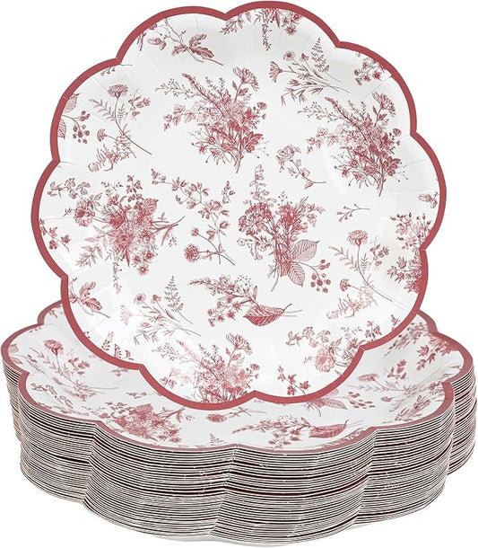 48Pcs Red Floral Party Plates Vintage Floral Leaf Disposable Paper Plate Wildflower Red Toile 7" Scalloped Rim Dessert Plates for Christmas Birthday Bridal Tea Party Supplies