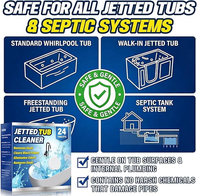 Jetted Tub Cleaner Tablets (24 Count) - Effective Whirlpool & Hot Tub System Flush - Eliminates Soap Scum, Gunk, and Stubborn Black Flakes - Heavy Duty Formula for Clean & Odor-Free Pipes