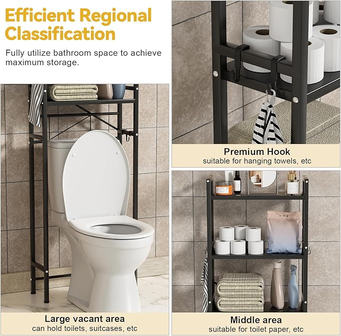Over The Toilet Shelf, 3-Tier Adjustable Freestanding Metal Bathroom Organizer Shelves with Hooks,Space-Saving for Narrow Small Bathroom,18.9" Wx7.9 D x65 H