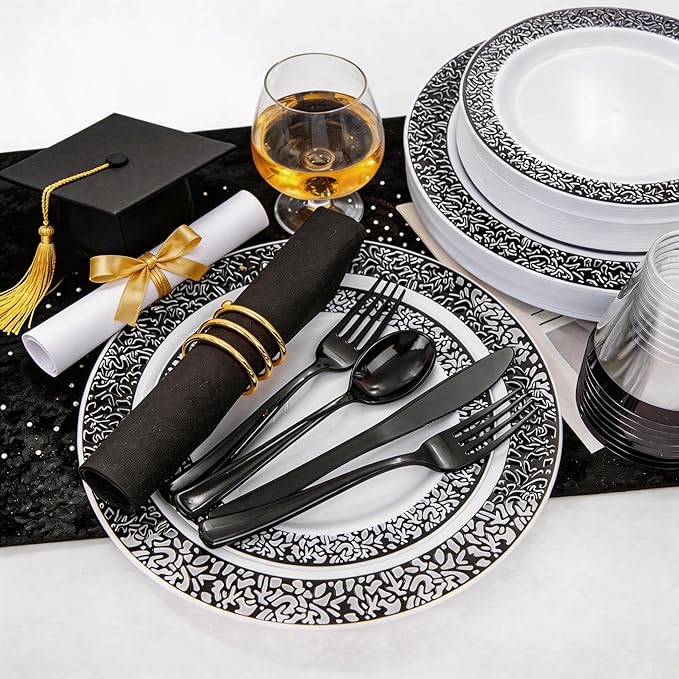 WELLIFE 350Pcs Black Plastic Dinnerware and Napkins Party Supplies Include:50 Dinner Plates, 50 Dessert Plates, 50 Napkins, 50 Cups and 50 Plastic Cutlery