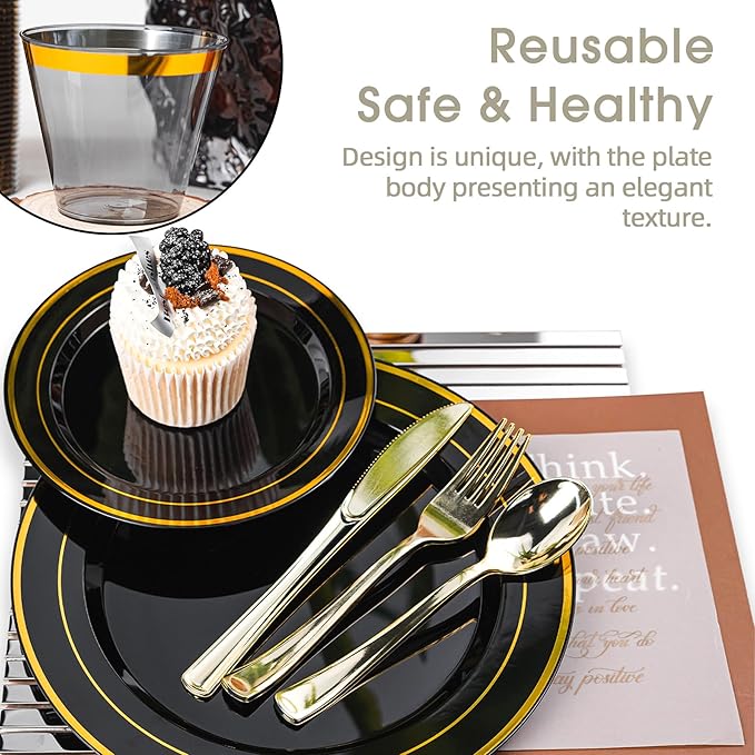 N9R 600PCS Black and Gold Plastic Dinnerware Set, Disposable Plastic Plates Includes 100 Dinner Plates, Dessert Plate, Cups, Spoons, Forks, Knives for 100 Guests, Perfect for Party, Wedding, Birthday
