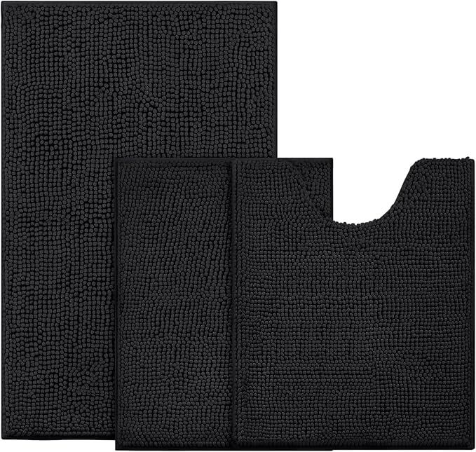 BYSURE Black Bathroom Rugs Sets 3 Piece Non Slip Extra Absorbent Plush Chenille Soft Washable Bath Mats