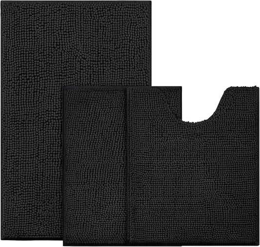 BYSURE Black Bathroom Rugs Sets 3 Piece Non Slip Extra Absorbent Plush Chenille Soft Washable Bath Mats