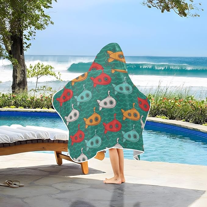 susiyo Kids Hooded Bath Towel Vintage Submarines Beach Towel for Kids 23.5 x 50 Inch Microfiber Soft Absorbent Quick Dry Bath Swim Pool Towel Wrap Poncho Bathrobe with Hood for Kids Toddler