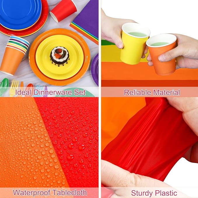 Kochorie 169 Pieces Rainbow Party Supplies Disposable Dinnerware Set Include Plates and Cups Napkins Plastic Forks Knives Spoons Tablecloth for Wedding Birthday Party Decorations, Serve 24 Guests