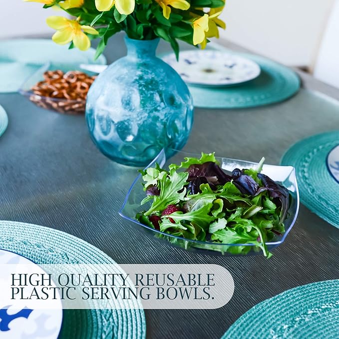 PLASTICPRO Disposable 32 ounce Square Serving Bowls, Party Snack or Salad Bowl, Medium, Plastic Crystal Clear Pack of 4