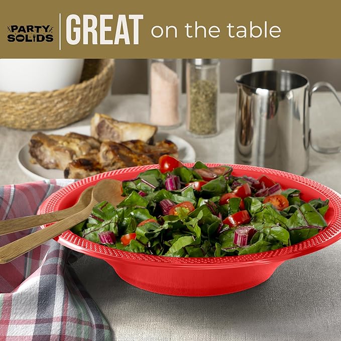 Party Solids 12 Oz Red Plastic Bowls Disposable Bowls for Hot Food Soup 50 Pcs - For Soup, Salad, Cereal, Desserts & Party Supplies