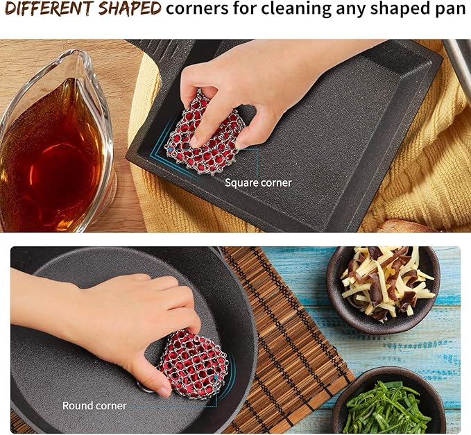 Herda Cast Iron Scrubber Scraper Tool Kit, 4Pieces Cast Iron Skillet Cleaner Cleaning Care Kit 316 Chain Mail Scrubber, Steel Skillet Brush Plastic Pan Scraper Set for Grill Griddle Pot Dish Food