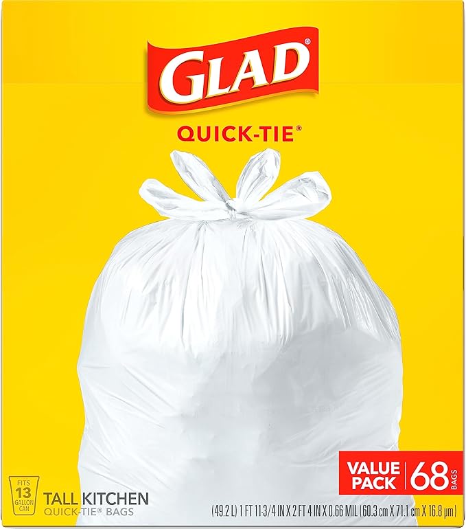 Glad Trash Bags, 13 Gallon, White | Quick-Tie | Tall Kitchen | 68 Count, Pack of 4