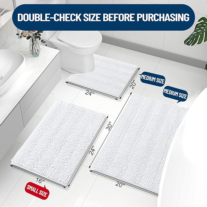 Grandaily Chenille Striped Bathroom Rugs 59x35, Extra Thick and Absorbent Bath Mats, Non-Slip Soft Plush Shaggy Shower Carpet, Machine Wash Dry, Bath Rug for Bathroom, White