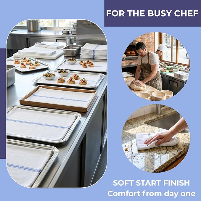Bulk Kitchen Towels Cotton for Chefs in Commercial Restaurants - 15"X25" - 12 Pack - White Linen Tea Dish Towels - Lint Free Soft Absorbent Center Blue Striped Herringbone Weave Towles
