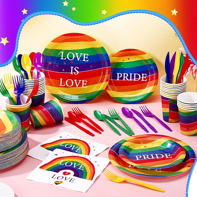 FillTouch 350 Pcs Rainbow Gay Pride Month Lgbtq Party Supplies Set Rainbow Disposable Paper Plates Love Napkins Cups Knives Forks Spoons for 50 Guests Gay Pride Party Parade Club Festival Events