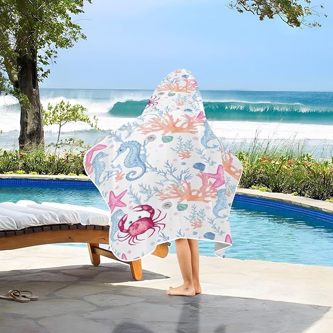 CEBUGI Starfish Hooded Bath Towel for Kids Absorbent Soft Bath Towel Wrap with Hood 50x23.5in Pool Beach Shower Towel for Boys Girls
