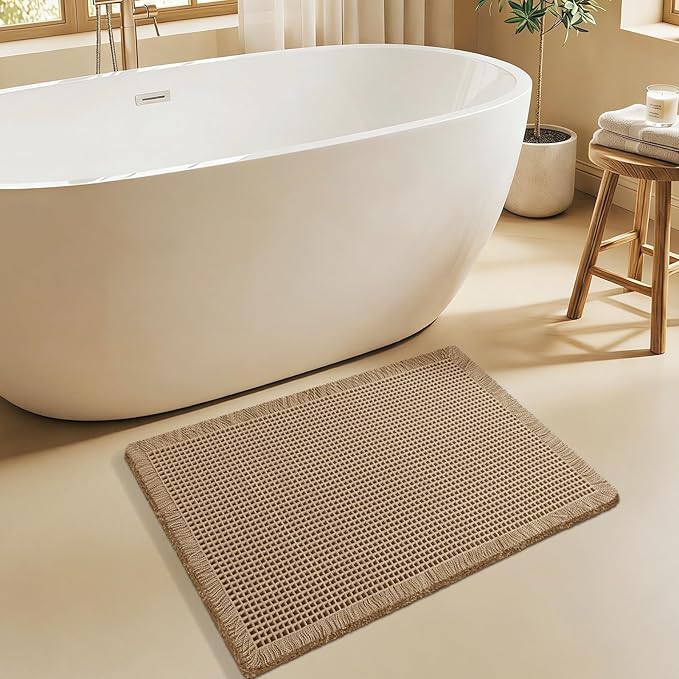 ACCUMTEK Upgraded Waffle Bath Mat, 32"x20" Beige, Super Absorbent Non-Slip Quick Dry Bathroom Rugs with Tassels, Machine Washable Ultra Soft Boho Bath Rugs for Floor, Toilet Mats Boho Farmhouse Decor