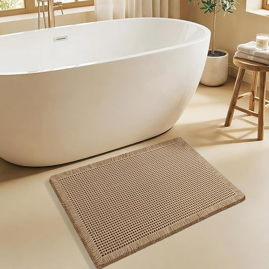 ACCUMTEK Upgraded Waffle Bath Mat, 32"x20" Beige, Super Absorbent Non-Slip Quick Dry Bathroom Rugs with Tassels, Machine Washable Ultra Soft Boho Bath Rugs for Floor, Toilet Mats Boho Farmhouse Decor