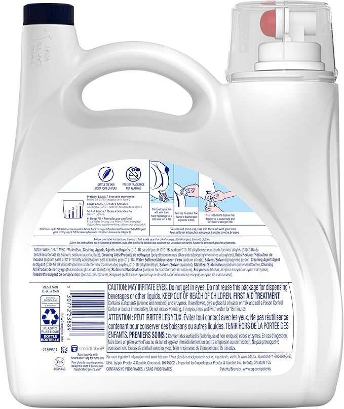 Tide Free & Gentle Liquid Laundry Detergent, 126 Loads, 166 fl oz, Tide Laundry Detergent, Clean Laundry Detergent