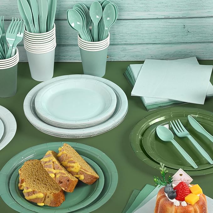 Kochorie 169 Pieces Sage Green Party Supplies Gradient Green Disposable Dinnerware Set Include Plates, Cups, Napkins Plastic Cutlery, Tablecloth for Wedding Birthday Party Decorations, Serve 24 Guests