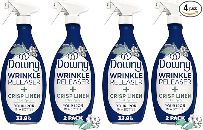 Downy Wrinkle Releaser Spray, All In One Formula, Removes Wrinkles, Static and Odor Eliminator, Crisp Linen Scent, 33.8 Fl Oz (Packaging May Vary),(Pack of 4)