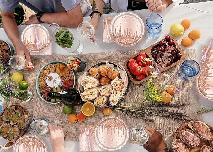 72 Pcs Rose Glitter Paper Plates 7in Disposable Dinner Plates Napkins and Forks Party Tableware Set Decoration Supplies for Girls Birthday Bridal Shower Wedding Ceremonies Anniversary Party, Serve 24