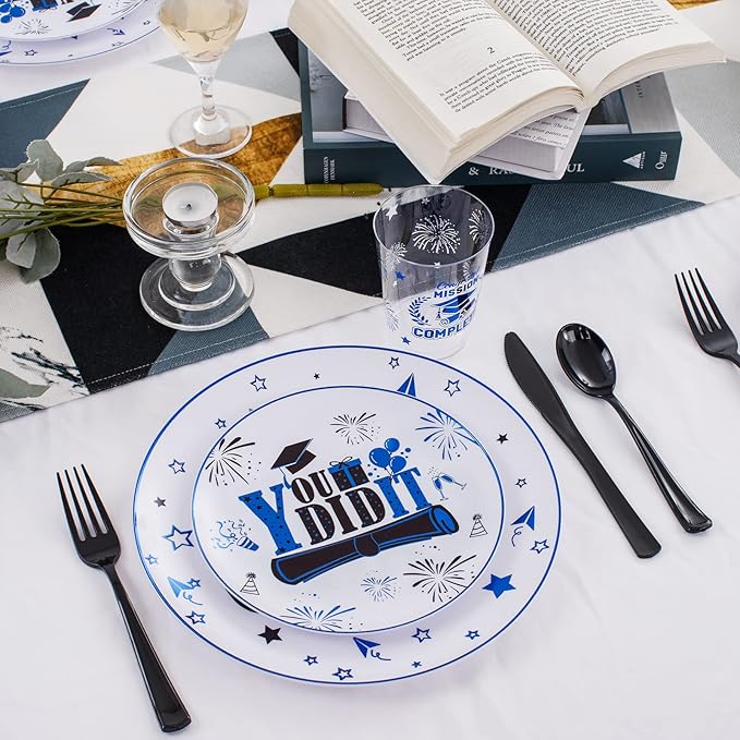 Liacere 150PCS Graduation Plastic Plates - Black and Blue Plastic Plates, Party Plates include 50Plates 25Knives 25Forks 25Spoons 25Cups for Graduation Party