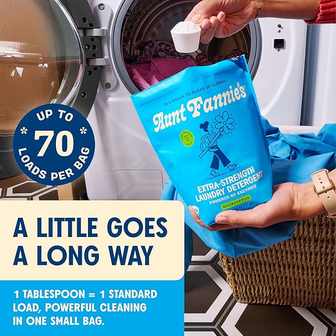 Aunt Fannie's Extra Strength Powder Laundry Detergent, Stain Fighting, Plant Based, Natural Ingredients, 70 Loads Per Bag, Eucalyptus, 44 Oz