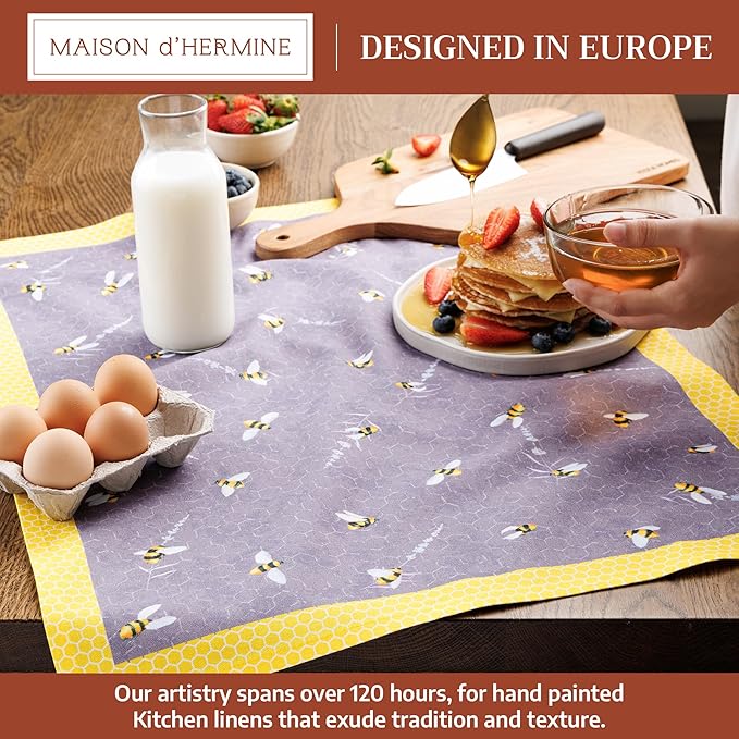 Maison d'Hermine Kitchen Towels Set of 2 100% Cotton 27.50" x 20" Reusable Cloth Tea Dish Towels Absorbent with Hanging Loop for Kitchen, Home, Dining, Cocktail Parties (Bees are Buzzing)